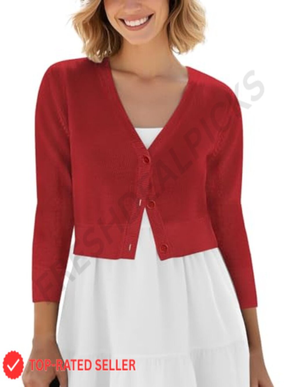 Cropped Cardigan V-Neck Button Down Knitted Sweater 3/4 Sleeve
